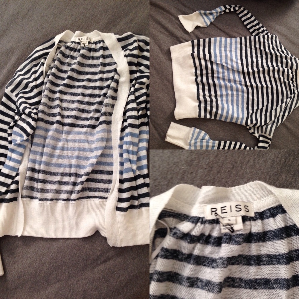 REISS blue striped white open cardigan swe…